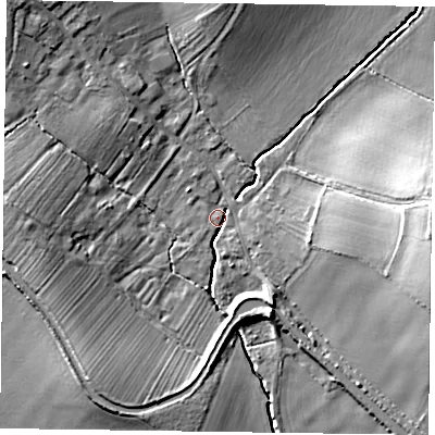 Shaded relief map of the ground around DN229AQ, computed from Environment Agency LiDAR. The ground here sits at about 12 m above sea level and falls 19 m across the surrounding 800 m. Surface water reaching this point runs off ground lying to the east, 16.9 m higher.