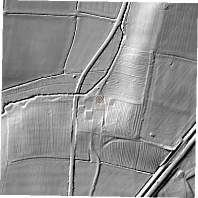 Shaded relief map of the ground around DN229BL, computed from Environment Agency LiDAR. The ground here sits at about 10 m above sea level and falls 11 m across the surrounding 800 m. Surface water reaching this point runs off ground lying to the south-east, 6.3 m higher.