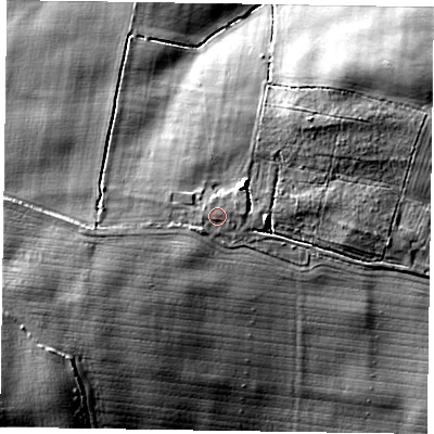 Shaded relief map of the ground around DN229BS, computed from Environment Agency LiDAR. The ground here sits at about 26 m above sea level and falls 20 m across the surrounding 800 m. Surface water reaching this point runs off ground lying to the west-south-west, 1.1 m higher.