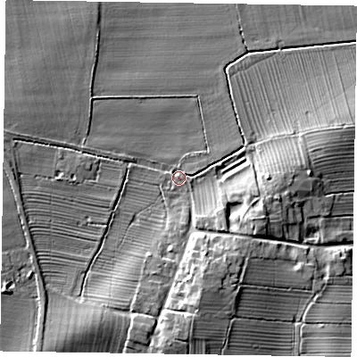 Shaded relief map of the ground around DN229EH, computed from Environment Agency LiDAR. The ground here sits at about 7 m above sea level and falls 10 m across the surrounding 800 m. Surface water reaching this point runs off ground lying to the south-south-east, 6.8 m higher.