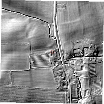 Shaded relief map of the ground around DN229ET, computed from Environment Agency LiDAR. The ground here sits at about 13 m above sea level and falls 14 m across the surrounding 800 m. Surface water reaching this point runs off ground lying to the west-south-west, 9.9 m higher.