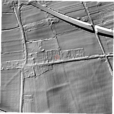 Shaded relief map of the ground around DN229EX, computed from Environment Agency LiDAR. The ground here sits at about 11 m above sea level and falls 14 m across the surrounding 800 m. Surface water reaching this point runs off ground lying to the west-south-west, 4.2 m higher.