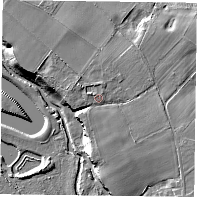 Shaded relief map of the ground around DN229JG, computed from Environment Agency LiDAR. The ground here sits at about 23 m above sea level and falls 15 m across the surrounding 800 m. Surface water reaching this point runs off ground lying to the north, 1.9 m higher.
