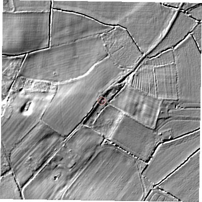 Shaded relief map of the ground around DN229JL, computed from Environment Agency LiDAR. The ground here sits at about 11 m above sea level and falls 14 m across the surrounding 800 m. Surface water reaching this point runs off ground lying to the south-west, 11.5 m higher.