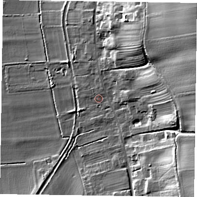 Shaded relief map of the ground around DN229LF, computed from Environment Agency LiDAR. The ground here sits at about 16 m above sea level and falls 38 m across the surrounding 800 m. Surface water reaching this point runs off ground lying to the east-north-east, 29.9 m higher.