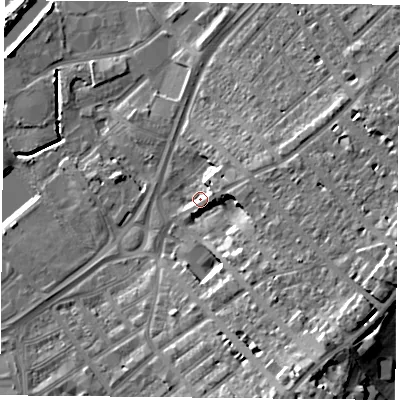 Shaded relief map of the ground around DN24AA, computed from Environment Agency LiDAR. The ground here sits at about 12 m above sea level and falls 20 m across the surrounding 800 m. Surface water reaching this point runs off ground lying to the south-east, 12.4 m higher.