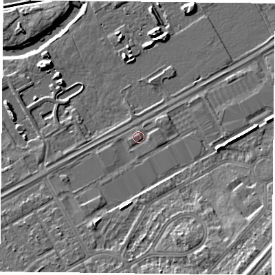 Shaded relief map of the ground around DN24BG, computed from Environment Agency LiDAR. The ground here sits at about 10 m above sea level and falls 12 m across the surrounding 800 m. Surface water reaching this point runs off ground lying to the east-north-east, 1.1 m higher.