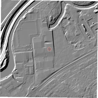 Shaded relief map of the ground around DN24BL, computed from Environment Agency LiDAR. The ground here sits at about 10 m above sea level and falls 11 m across the surrounding 800 m. The ground contributing surface water to this point lies to the south.