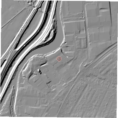 Shaded relief map of the ground around DN24BQ, computed from Environment Agency LiDAR. The ground here sits at about 10 m above sea level and falls 12 m across the surrounding 800 m. The ground contributing surface water to this point lies to the west.