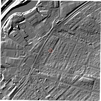 Shaded relief map of the ground around DN24DL, computed from Environment Agency LiDAR. The ground here sits at about 11 m above sea level and falls 15 m across the surrounding 800 m. Surface water reaching this point runs off ground lying to the south-south-east, 2.3 m higher.