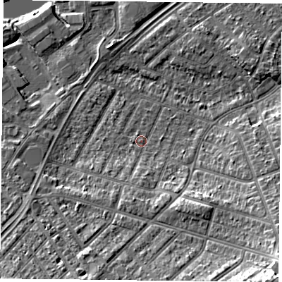 Shaded relief map of the ground around DN24DR, computed from Environment Agency LiDAR. The ground here sits at about 11 m above sea level and falls 16 m across the surrounding 800 m. Surface water reaching this point runs off ground lying to the south, 2.8 m higher.