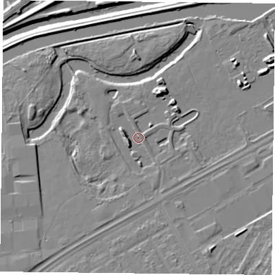 Shaded relief map of the ground around DN24EF, computed from Environment Agency LiDAR. The ground here sits at about 9 m above sea level and falls 10 m across the surrounding 800 m. Surface water reaching this point runs off ground lying to the west-south-west, 4.2 m higher.