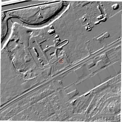 Shaded relief map of the ground around DN24EG, computed from Environment Agency LiDAR. The ground here sits at about 9 m above sea level and falls 12 m across the surrounding 800 m. Surface water reaching this point runs off ground lying to the south-south-west, 1.0 m higher.