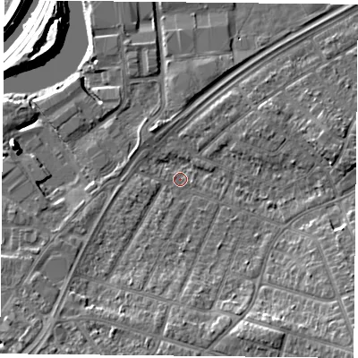 Shaded relief map of the ground around DN24ER, computed from Environment Agency LiDAR. The ground here sits at about 10 m above sea level and falls 14 m across the surrounding 800 m. Surface water reaching this point runs off ground lying to the south-east, 7.7 m higher.
