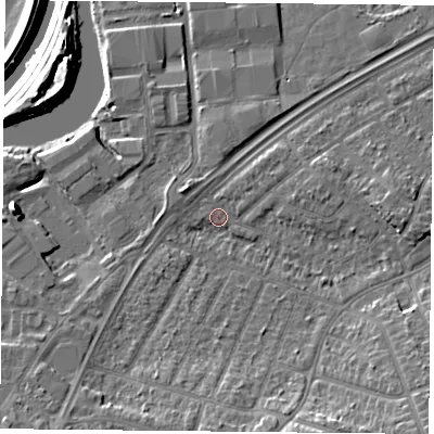 Shaded relief map of the ground around DN24ET, computed from Environment Agency LiDAR. The ground here sits at about 10 m above sea level and falls 13 m across the surrounding 800 m. Surface water reaching this point runs off ground lying to the south-south-east, 6.8 m higher.