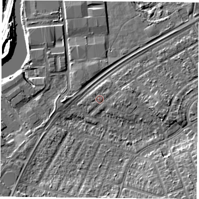 Shaded relief map of the ground around DN24EU, computed from Environment Agency LiDAR. The ground here sits at about 11 m above sea level and falls 13 m across the surrounding 800 m. Surface water reaching this point runs off ground lying to the east, 1.4 m higher.
