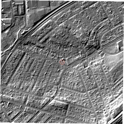 Shaded relief map of the ground around DN24EW, computed from Environment Agency LiDAR. The ground here sits at about 10 m above sea level and falls 15 m across the surrounding 800 m. Surface water reaching this point runs off ground lying to the south-east, 12.9 m higher.