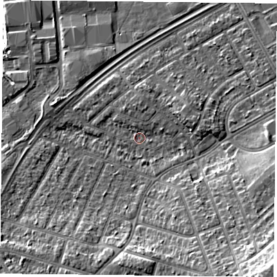 Shaded relief map of the ground around DN24EX, computed from Environment Agency LiDAR. The ground here sits at about 10 m above sea level and falls 14 m across the surrounding 800 m. Surface water reaching this point runs off ground lying to the east-north-east, 2.8 m higher.