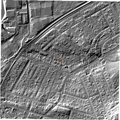 Shaded relief map of the ground around DN24EY, computed from Environment Agency LiDAR. The ground here sits at about 10 m above sea level and falls 14 m across the surrounding 800 m. Surface water reaching this point runs off ground lying to the south-east, 12.0 m higher.