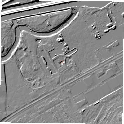 Shaded relief map of the ground around DN24FA, computed from Environment Agency LiDAR. The ground here sits at about 8 m above sea level and falls 11 m across the surrounding 800 m. Surface water reaching this point runs off ground lying to the south-south-east, 1.7 m higher.