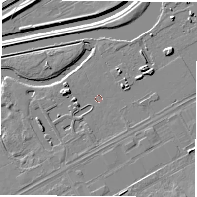 Shaded relief map of the ground around DN24FB, computed from Environment Agency LiDAR. The ground here sits at about 9 m above sea level and falls 10 m across the surrounding 800 m. Surface water reaching this point runs off ground lying to the west, 5.4 m higher.