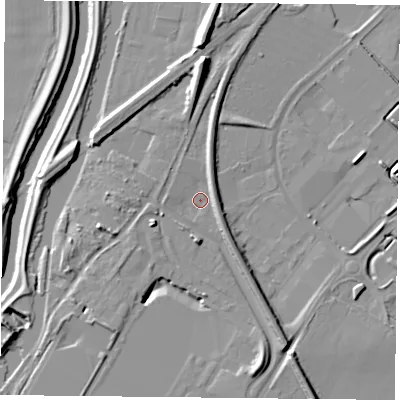 Shaded relief map of the ground around DN24FD, computed from Environment Agency LiDAR. The ground here sits at about 8 m above sea level and falls 13 m across the surrounding 800 m. Surface water reaching this point runs off ground lying to the north, 8.4 m higher.
