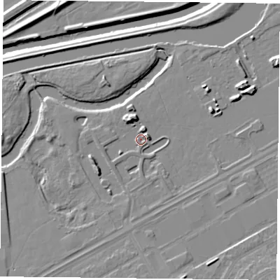 Shaded relief map of the ground around DN24FE, computed from Environment Agency LiDAR. The ground here sits at about 9 m above sea level and falls 10 m across the surrounding 800 m. Surface water reaching this point runs off ground lying to the north-north-west, 5.4 m higher.