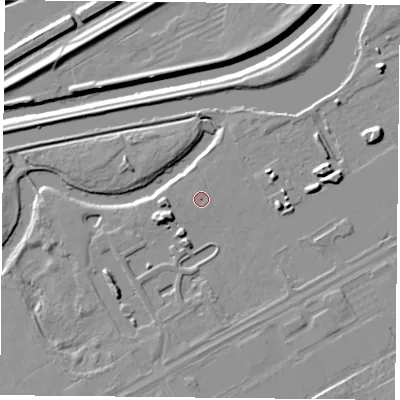Shaded relief map of the ground around DN24FF, computed from Environment Agency LiDAR. The ground here sits at about 9 m above sea level and falls 10 m across the surrounding 800 m. The ground contributing surface water to this point lies to the west-north-west.