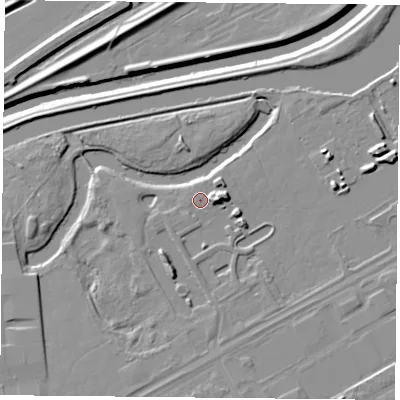 Shaded relief map of the ground around DN24FG, computed from Environment Agency LiDAR. The ground here sits at about 9 m above sea level and falls 10 m across the surrounding 800 m. Surface water reaching this point runs off ground lying to the east, 4.7 m higher.