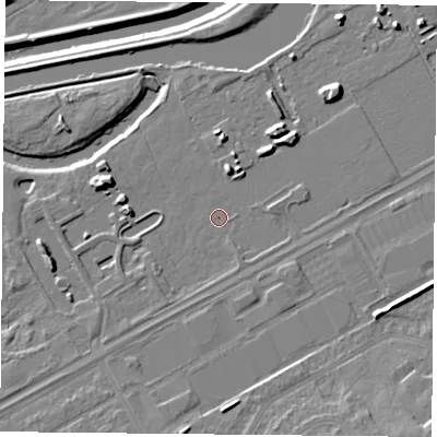 Shaded relief map of the ground around DN24FH, computed from Environment Agency LiDAR. The ground here sits at about 9 m above sea level and falls 11 m across the surrounding 800 m. Surface water reaching this point runs off ground lying to the north-east, 3.9 m higher.