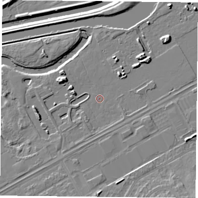 Shaded relief map of the ground around DN24FN, computed from Environment Agency LiDAR. The ground here sits at about 9 m above sea level and falls 11 m across the surrounding 800 m. Surface water reaching this point runs off ground lying to the north-east, 4.0 m higher.