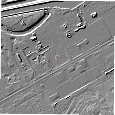 Shaded relief map of the ground around DN24FP, computed from Environment Agency LiDAR. The ground here sits at about 9 m above sea level and falls 12 m across the surrounding 800 m. Surface water reaching this point runs off ground lying to the south-west, 1.3 m higher.