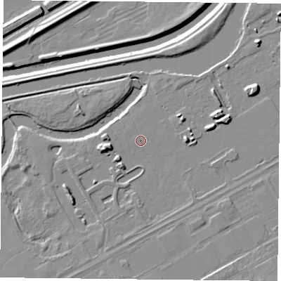 Shaded relief map of the ground around DN24FQ, computed from Environment Agency LiDAR. The ground here sits at about 9 m above sea level and falls 10 m across the surrounding 800 m. The ground contributing surface water to this point lies to the west-north-west.