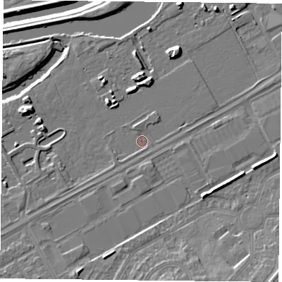 Shaded relief map of the ground around DN24FR, computed from Environment Agency LiDAR. The ground here sits at about 9 m above sea level and falls 12 m across the surrounding 800 m. Surface water reaching this point runs off ground lying to the south-west, 1.3 m higher.