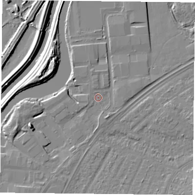 Shaded relief map of the ground around DN24FS, computed from Environment Agency LiDAR. The ground here sits at about 10 m above sea level and falls 12 m across the surrounding 800 m. Surface water reaching this point runs off ground lying to the west, 0.8 m higher.