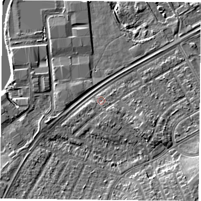 Shaded relief map of the ground around DN24HE, computed from Environment Agency LiDAR. The ground here sits at about 10 m above sea level and falls 9 m across the surrounding 800 m. Surface water reaching this point runs off ground lying to the south-south-east, 0.9 m higher.
