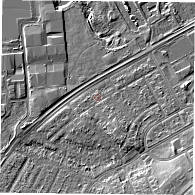 Shaded relief map of the ground around DN24HF, computed from Environment Agency LiDAR. The ground here sits at about 10 m above sea level and falls 11 m across the surrounding 800 m. Surface water reaching this point runs off ground lying to the south-south-east, 2.5 m higher.