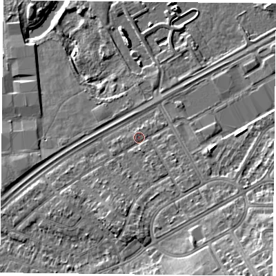 Shaded relief map of the ground around DN24HG, computed from Environment Agency LiDAR. The ground here sits at about 10 m above sea level and falls 11 m across the surrounding 800 m. Surface water reaching this point runs off ground lying to the south, 2.9 m higher.