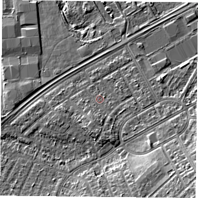 Shaded relief map of the ground around DN24HH, computed from Environment Agency LiDAR. The ground here sits at about 11 m above sea level and falls 12 m across the surrounding 800 m. Surface water reaching this point runs off ground lying to the south-south-west, 2.5 m higher.