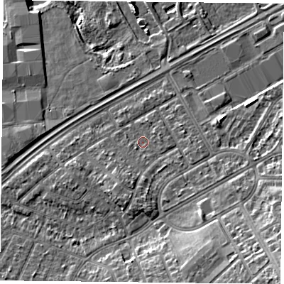 Shaded relief map of the ground around DN24HJ, computed from Environment Agency LiDAR. The ground here sits at about 10 m above sea level and falls 13 m across the surrounding 800 m. Surface water reaching this point runs off ground lying to the south, 2.7 m higher.