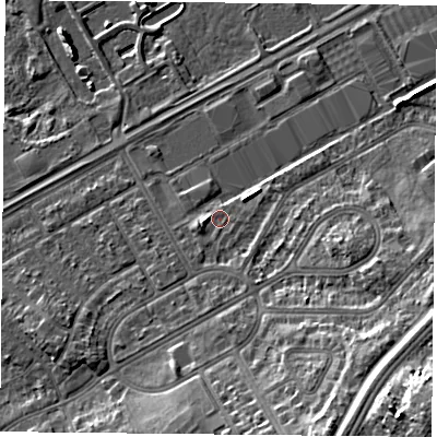 Shaded relief map of the ground around DN24HY, computed from Environment Agency LiDAR. The ground here sits at about 10 m above sea level and falls 16 m across the surrounding 800 m. Surface water reaching this point runs off ground lying to the south, 1.2 m higher.
