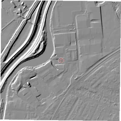 Shaded relief map of the ground around DN24LJ, computed from Environment Agency LiDAR. The ground here sits at about 10 m above sea level and falls 12 m across the surrounding 800 m. Surface water reaching this point runs off ground lying to the north-north-east, 1.3 m higher.