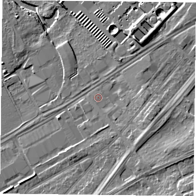 Shaded relief map of the ground around DN24LR, computed from Environment Agency LiDAR. The ground here sits at about 10 m above sea level and falls 13 m across the surrounding 800 m. Surface water reaching this point runs off ground lying to the south-south-east, 1.8 m higher.