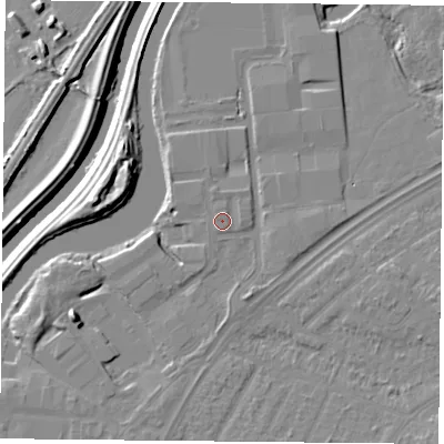 Shaded relief map of the ground around DN24LT, computed from Environment Agency LiDAR. The ground here sits at about 10 m above sea level and falls 12 m across the surrounding 800 m. Surface water reaching this point runs off ground lying to the north-north-west, 0.7 m higher.