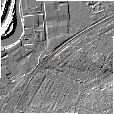 Shaded relief map of the ground around DN24LZ, computed from Environment Agency LiDAR. The ground here sits at about 10 m above sea level and falls 12 m across the surrounding 800 m. Surface water reaching this point runs off ground lying to the south-east, 5.9 m higher.