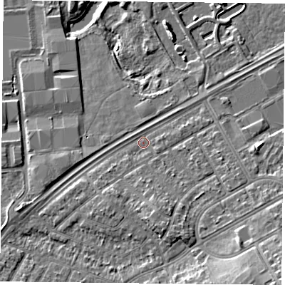 Shaded relief map of the ground around DN24NA, computed from Environment Agency LiDAR. The ground here sits at about 10 m above sea level and falls 10 m across the surrounding 800 m. Surface water reaching this point runs off ground lying to the south-east, 7.5 m higher.