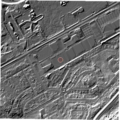 Shaded relief map of the ground around DN24NB, computed from Environment Agency LiDAR. The ground here sits at about 9 m above sea level and falls 16 m across the surrounding 800 m. The ground contributing surface water to this point lies to the north-north-west.