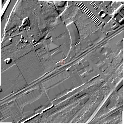 Shaded relief map of the ground around DN24NJ, computed from Environment Agency LiDAR. The ground here sits at about 9 m above sea level and falls 12 m across the surrounding 800 m. Surface water reaching this point runs off ground lying to the east-north-east, 0.7 m higher.