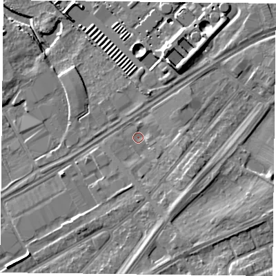 Shaded relief map of the ground around DN24NL, computed from Environment Agency LiDAR. The ground here sits at about 10 m above sea level and falls 12 m across the surrounding 800 m. Surface water reaching this point runs off ground lying to the east-south-east, 4.5 m higher.