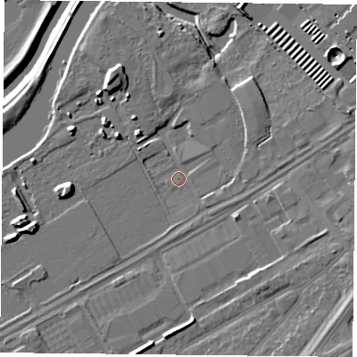 Shaded relief map of the ground around DN24NW, computed from Environment Agency LiDAR. The ground here sits at about 9 m above sea level and falls 11 m across the surrounding 800 m. Surface water reaching this point runs off ground lying to the south-east, 4.2 m higher.